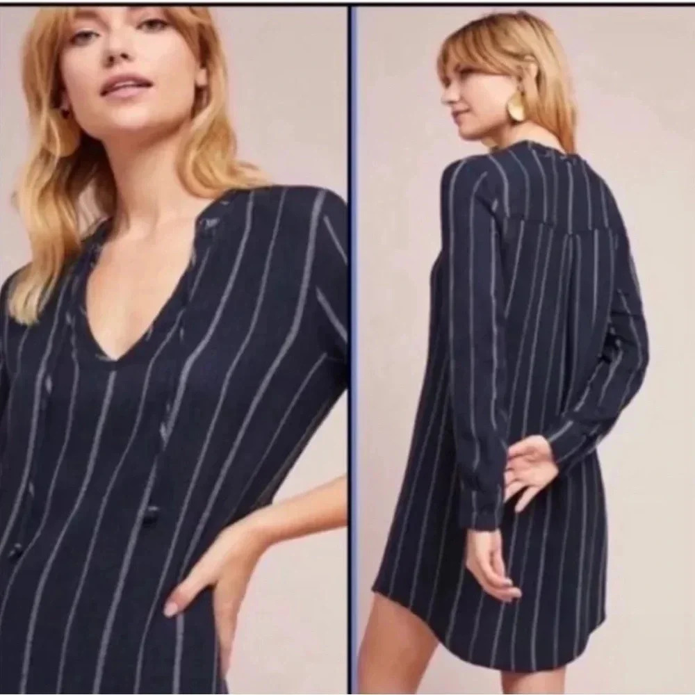 Anthropologie Cloth & Stone Navy w/white stripes Tunic Dress Size S Long Sleeve